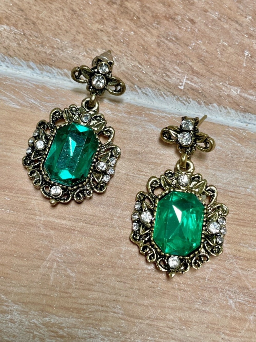 Antique Gold-Tone Green Crystal Drop Earrings with Clear Crystal Accents - Picture 2 of 3